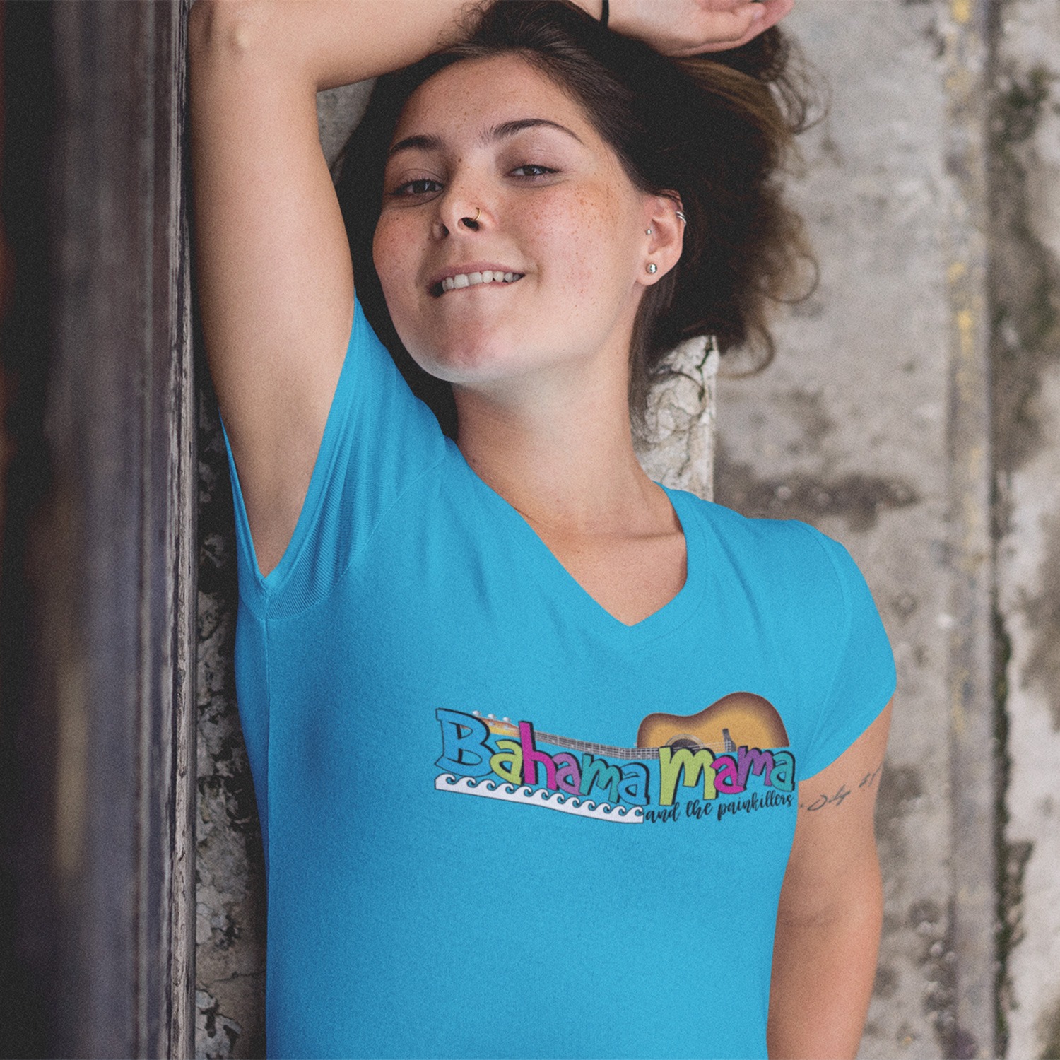Bahama Mama and the Painkillers Logo Womens Vneck Fitted Tee, The Troprock Shop